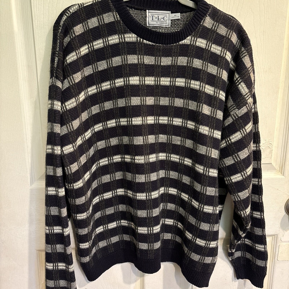 Vintage Tony Lambert  Knit Sweater XL Cotton Blend Made in USA Black, Grey,White